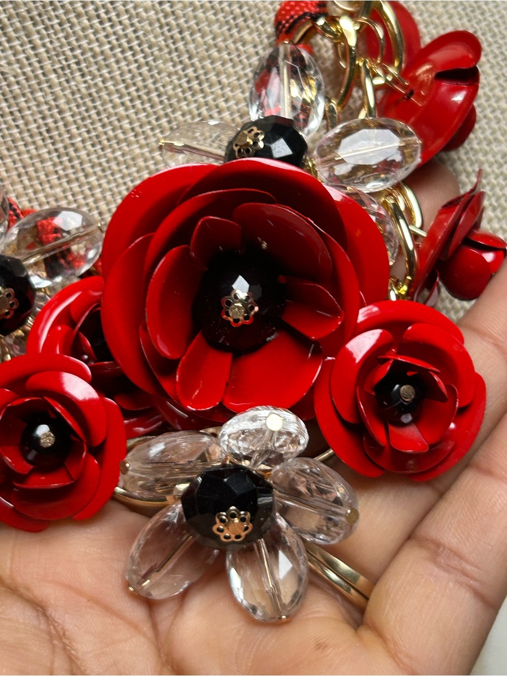 Red Floral Statement Necklace with Crystal Accents